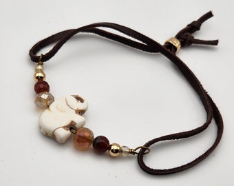 Howlite Elephant, Faceted Agate and Red Jasper Beads, Adjustable Handmade Leather Bracelet