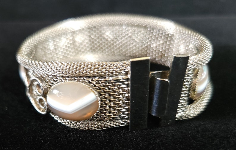 Waterline Agate Silvertone Mesh Vintage Bracelet image 4