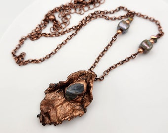 Real Birch Leaf Electroformed in Copper with Agate Gemstones, on a Copper and Czech Glass Chain, Gift for Nature Lovers