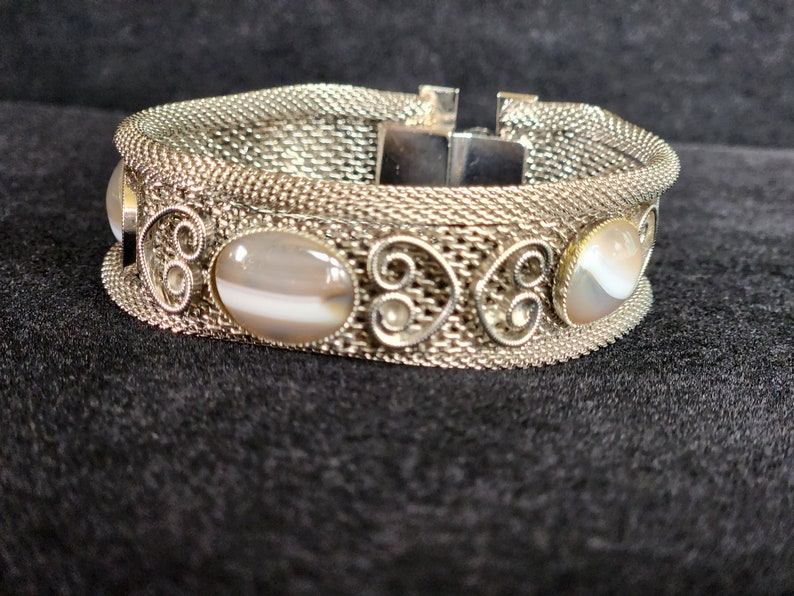 Waterline Agate Silvertone Mesh Vintage Bracelet image 2
