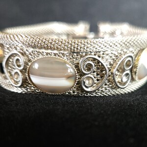 Waterline Agate Silvertone Mesh Vintage Bracelet image 1