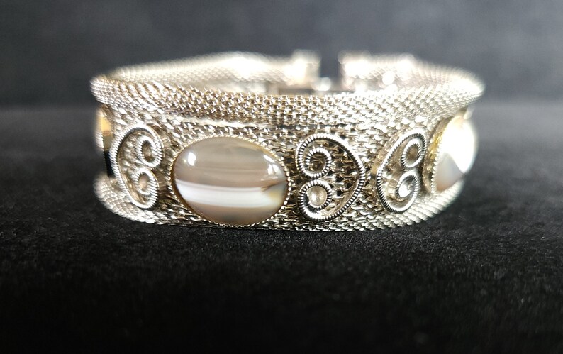 Waterline Agate Silvertone Mesh Vintage Bracelet image 1