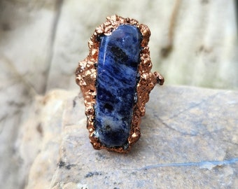 Earthy Rock Jewelry, Sodalite Chunky Ring Electroformed in Copper, Gift for Nature and Rock Lovers