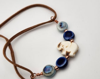 Howlite Elephant and Blue Ceramic Beads, Handmade Adjustable Leather Bracelet