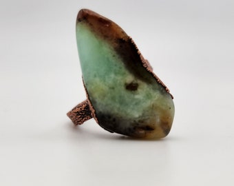 Chrysoprase Stone Ring Electroformed in Copper, Handmade for Rock and Nature Lovers