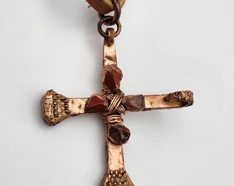 Cross, Handmade from Horseshoe Nails with Red Agate, Electroformed in Copper, on Leather
