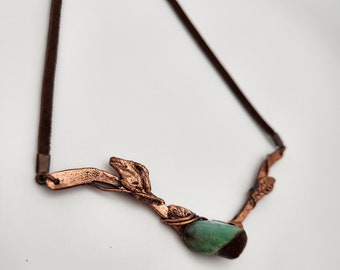 Chrysoprase Gemstone on Copper Leaf Branch and Leather Necklace, Handmade Gift for Nature Lovers