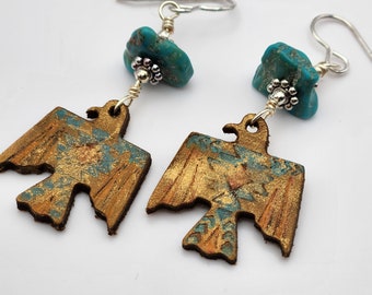 Thunderbird Leather and Real Turquoise Stone, Handmade Earrings