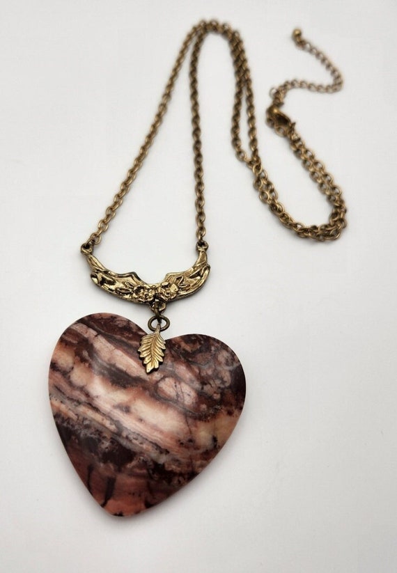 Jasper Heart Pendant Necklace, Upcycled Vintage Ch