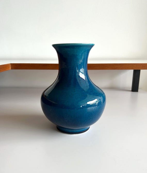 70s Blue Chinese Ceramic Vase by Pol CHAMBOST