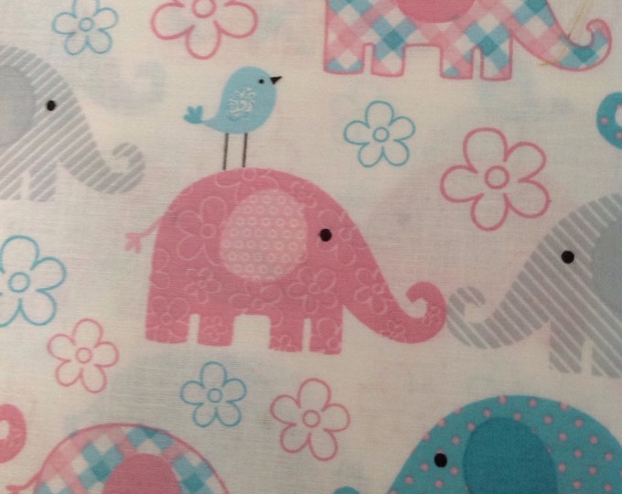 Elephant Fabric, Child's Play, White Fabric With Pink, Gray and