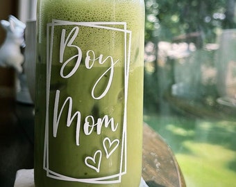 Boy Mom Glass Can Cup - 16oz Can Cup - Iced Coffee - Glass Cup Coffee Can Beer - Glass Coffee Cup - Floral Glass Can Cup - Baby Shower Gift