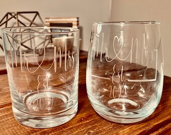 Personalized Mr and Mrs Etched Whiskey and Wine Glass Set