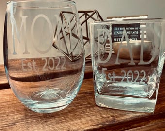 Personalized Mom & Dad Est. Wine and Whiskey Glass Set: New Parent Gift