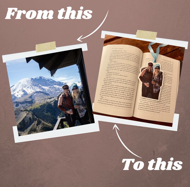 May include: A photo of a couple in front of a mountain is turned into a bookmark. The bookmark is placed in an open book. The bookmark is a light blue ribbon with a photo of the couple on it.