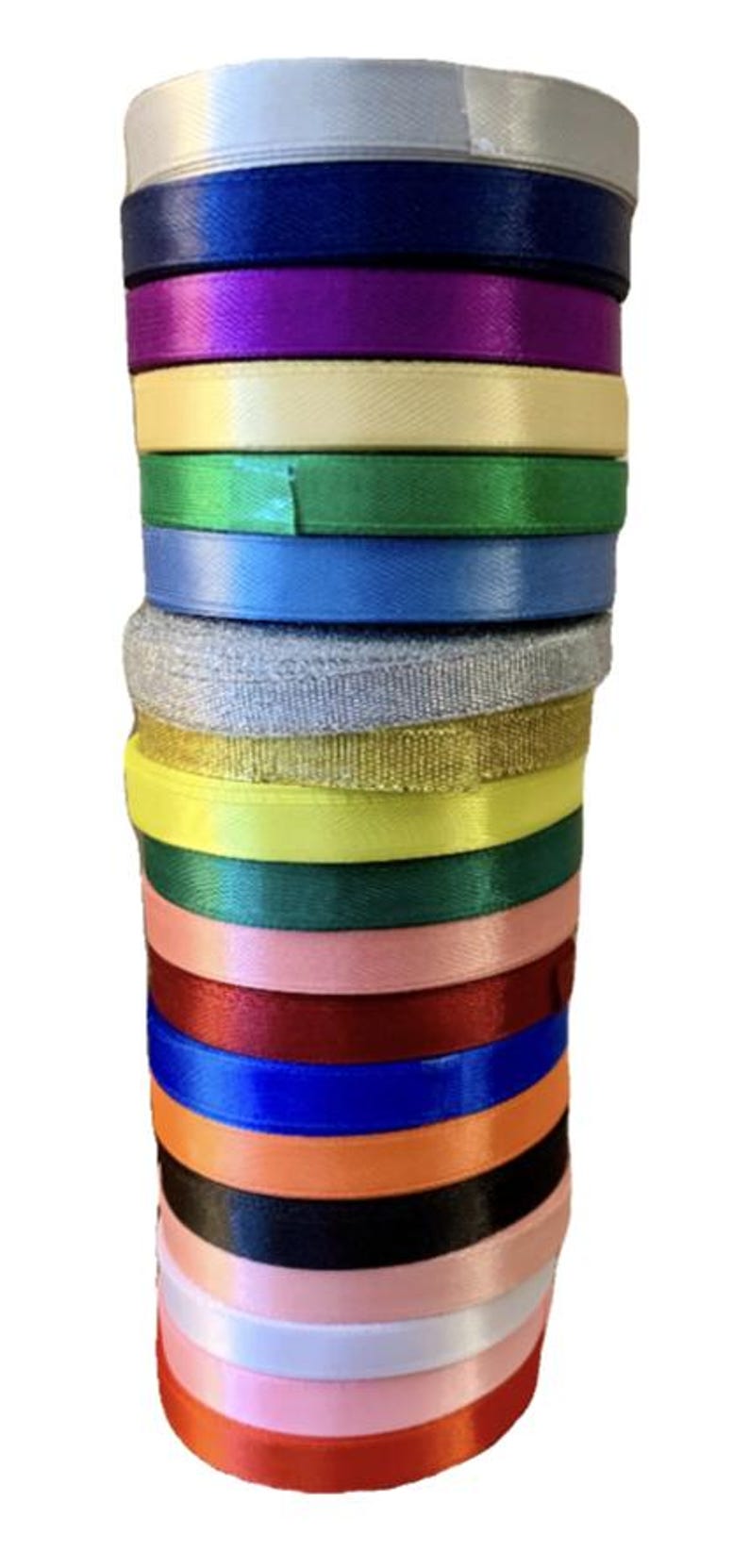 May include: A stack of 15 different colored satin ribbon rolls. The colors include silver, navy blue, purple, cream, green, blue, gray, gold, yellow, dark green, pink, burgundy, blue, orange, black, white, and pink.