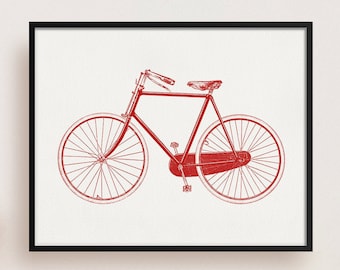 Red Bicycle, Red Bike Print, Gift for Cyclist, Red Print, 8x10 Print, Cycling Print, Bicycle Drawing, Office Wall Print, Bicycle Wall Art