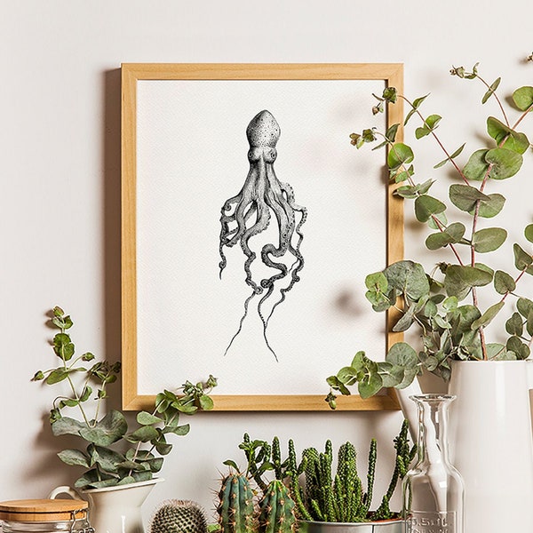 Octopus Print, Black Octopus, Affordable Art, Home Art, Ocean Art, Square Print, 8x10 Print, 5x7 Print, Sealife Print, Office Artwork