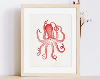 Rode octopus, kustkunst, oceaankunst, rode print, mariene kunst, kunst aan de muur voor kinderen, 8x10 / 5x7, Sealife print, Office Wall Decor, slaapkamer artwork