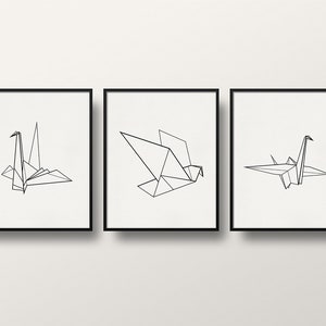 Origami Bird Print Set: Minimalist Line Art, Good Luck Crane