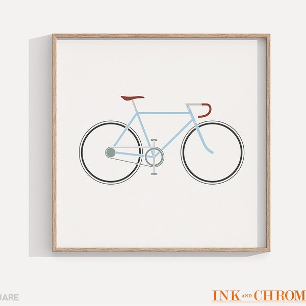 Bicycle Art Print, Flat Colour Illustration Style, Light Blue, Minimalist Bike Wall Art, Horizontal 8x10, 8x8 Square, 5x7, A4, Cyclist Gift