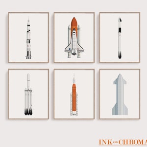 Space Rocket Prints: NASA & SpaceX Rocket Set of 6
