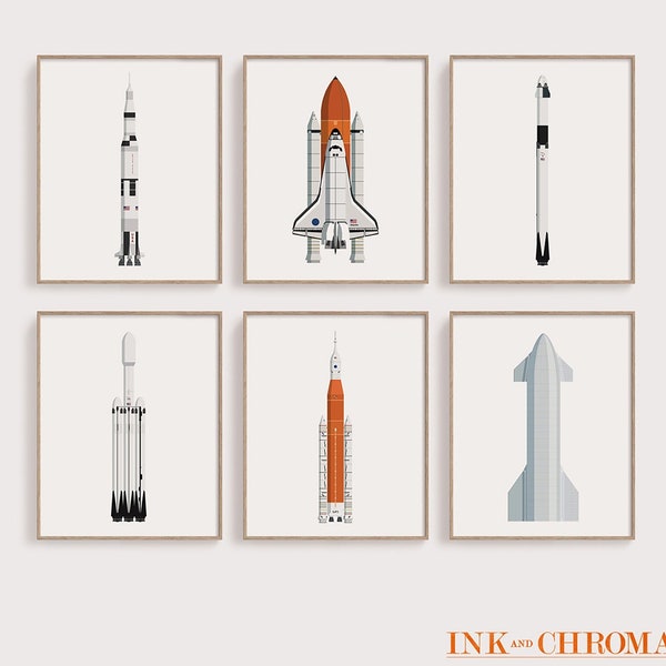 Set of 6 Space Rocket Ship Prints of NASA & SpaceX - Space Shuttle / Saturn V / SLS / Starship / Falcon 9 / Falcon Heavy Wall Art Posters