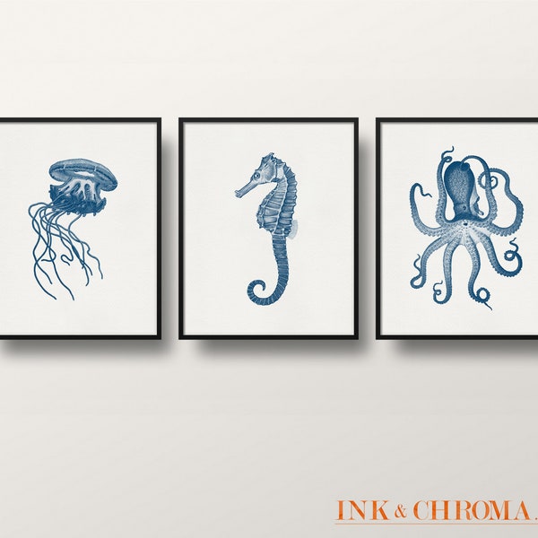 Marine Print Set, Octopus / Seahorse / Jellyfish Prints, Set of 3, Blue Print Set, 8x10 / 8x8 / 5x7 Wall Poster, Nursery Art, Office Art