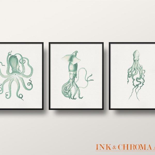 Mint Green Print Set, Octopus Prints, Set of 3, Office Art, Green Wall Print, Home Decor, Kitchen Art, Wall Decor, Bedroom Art, Living Room