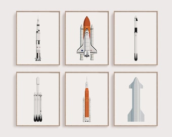 Space Rocket Prints: NASA & SpaceX Rocket Set of 6