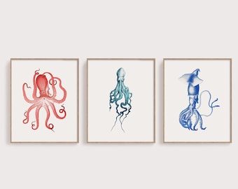 Octopus & Squid Print, Set of 3 Wall Art, Bathroom Poster, Ocean Print, Marine Animal, Nursery Print, Kids Room Wall Art, 8x8, 8x10 Poster