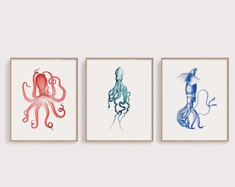 Octopus & Squid Print Set: Vintage Marine Animal Wall Art