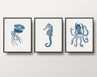 Marine Animal Print Set: Vintage Octopus, Seahorse, Jellyfish Art