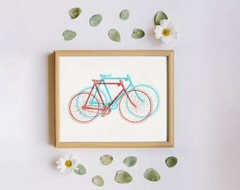 Red and Blue Bicycle Print: Vintage Style Cycling Art