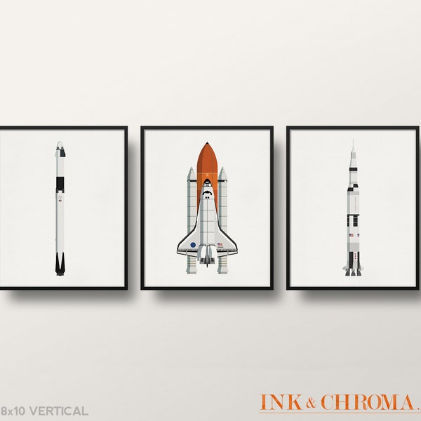 Lot de 3 impressions de fusées spatiales, Saturn V, SpaceX Falcon 9, navette spatiale de la NASA, impression 8 x 10/5 x 7/8 x 8, art de fusée spatiale, art de voyage d'astronaute