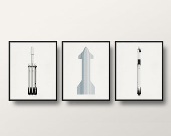 SpaceX Rocket Print Set of 3 Prints: Falcon Heavy, Starship, Falcon 9 Trio