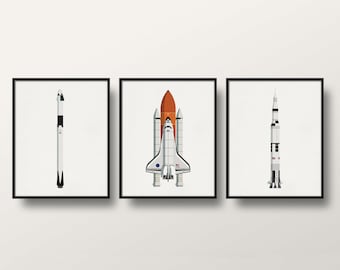 Set of 3 Space Rocket Prints, Saturn V, SpaceX Falcon 9, NASA Space Shuttle, 8x10 / 5x7 / 8x8 Print, Space Rocket Art, Astronaut Travel Art