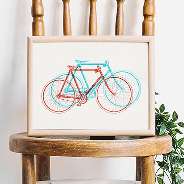 Bicycle Print, Bike Art, Bike Illustration, Cyclist Gift Cycling Print Horizontal Poster -8x8 / 8x10 / 5x7, Garage Art, Home Office Print