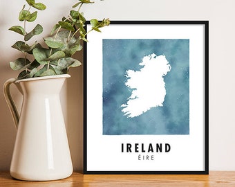 Ireland Silhouette Print, Blue Watercolour Backgroung Irish Map Wall Art, World Country Poster, 8x10 / 8x8 / 5x7 Home Wall Decor