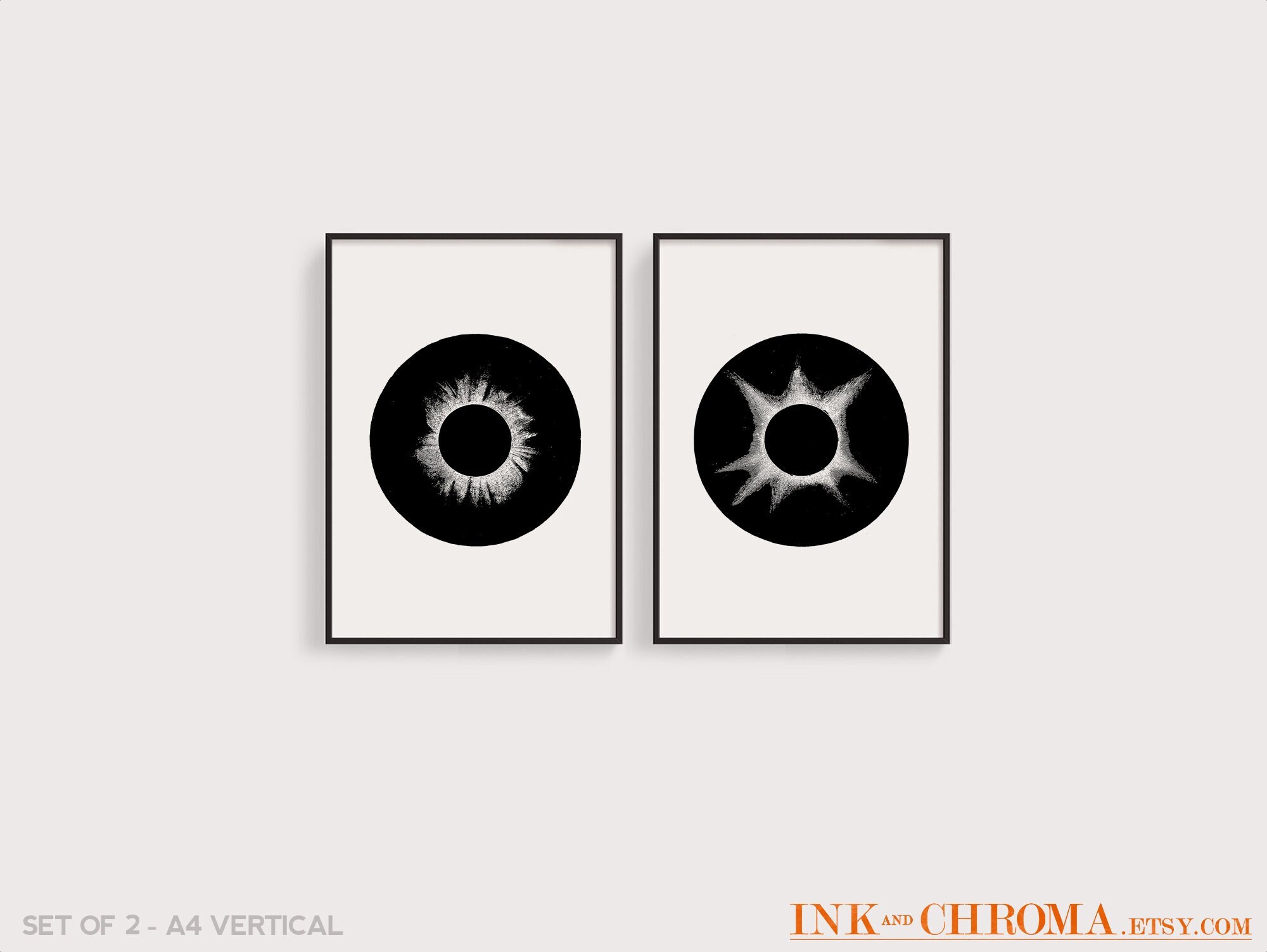 Solar Corona in Eclipse Wall Print Pair, Set of 2, Abstract Wall Art, Black Pattern, 8x10 / 8x8 / 5x7 / A4, Astronomy Space Art