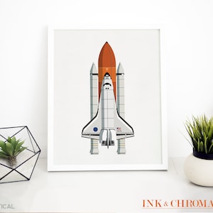 May include: A white and orange space shuttle with an American flag on the side. The shuttle is on a white background.