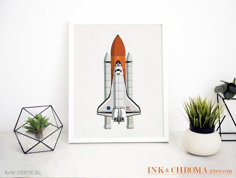 May include: A white and orange space shuttle with an American flag on the side. The shuttle is on a white background.