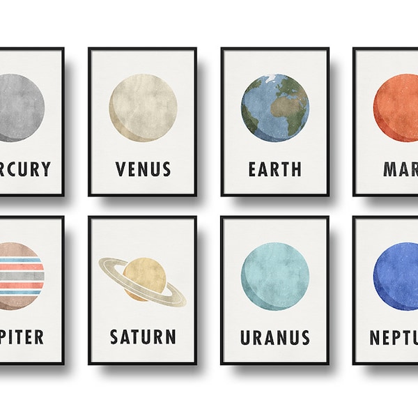 Planets of the Solar System Print, Set of 8, 5x7, 8x10 Print, Space Print, Space Art, Wall Decor, Kids Room Decor, Wall Art, Science Gift