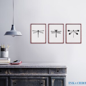 May include: Three framed black and white dragonfly illustrations with a rustic wooden dresser and a gray pendant light in the background.