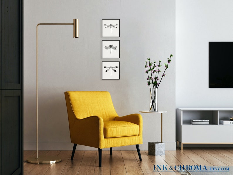 May include: A yellow armchair with black legs sits in a living room with a floor lamp, a small table with a vase of flowers, and a television on a white cabinet. Three black and white framed prints of dragonflies hang on the wall.