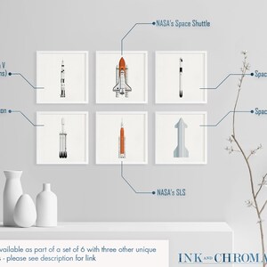 May include: A set of six minimalist illustrations of different rockets, including NASA's Saturn V, Space Shuttle, and SLS, as well as SpaceX's Falcon Heavy, Falcon 9, and Starship. The illustrations are framed and displayed on a white wall with a white shelf and a small plant.