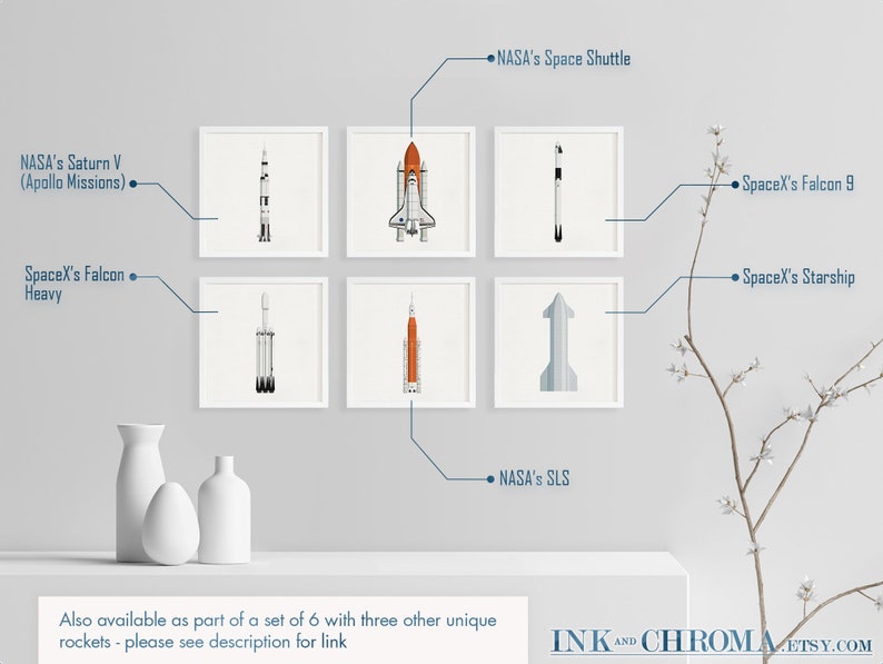 May include: A set of six minimalist illustrations of different rockets, including NASA's Saturn V, Space Shuttle, and SLS, as well as SpaceX's Falcon Heavy, Falcon 9, and Starship. The illustrations are framed and displayed on a white wall with a white shelf and a small plant.