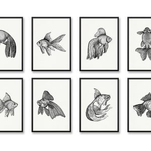 Goldfish Ink Drawing Print Set: Vintage Fish Art (Set of 8)