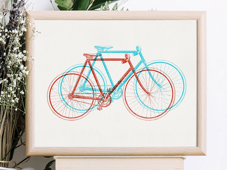 Bicycle Print Bike Art Bike Illustration Blue and Red | Etsy