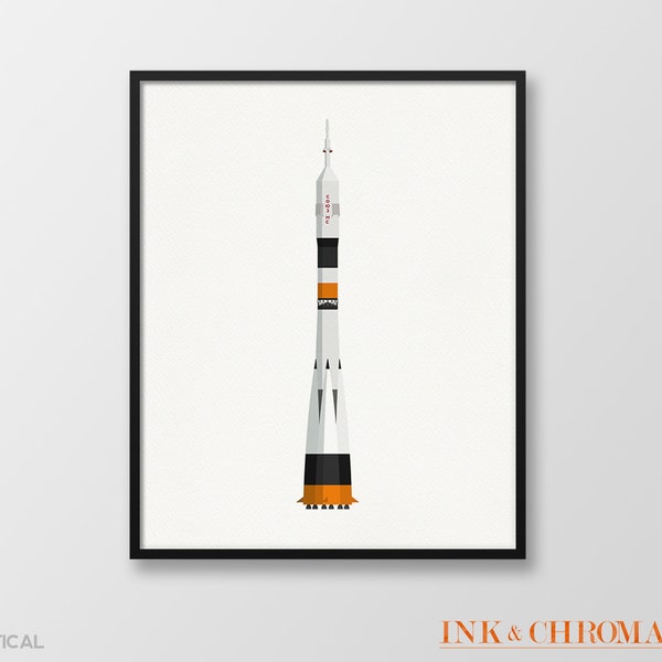 Soyuz Rocket Print, Rocket Ship Print, Space Art, Science Gift, ISS Spacecraft Poster, 8x10 / 8x8 / 5x7, Space Illustration, Kids Room Art